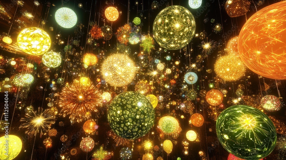 Poster digital spheres and prisms floating through a neon space, combining futuristic 2d and 3d visuals.