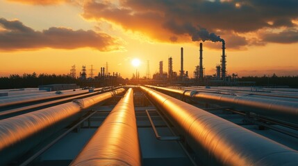 Sunset over industrial pipelines oil refinery landscape urban aerial perspective energy production