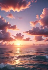 Obraz premium A breathtaking sunset unfolds above a calm blue ocean with wispy white clouds and shades of pink and orange, peaceful, breathtaking sunset, nature