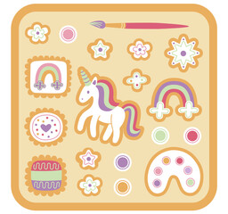 Flat style illustration of a cookie decorating kit for children featuring unicorn-shaped cookies, rainbows, stars, flowers, and a paintbrush for colorful creativity and fun activities.