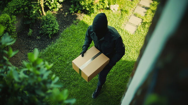 cctv surveillance shot of a thief stealing a parcel from someones home
