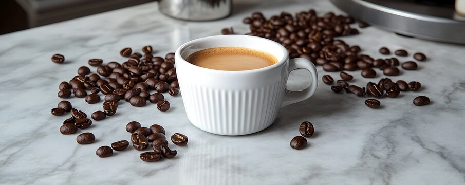 Espresso in a white ceramic cup on a marble countertop surrounded by coffee beans