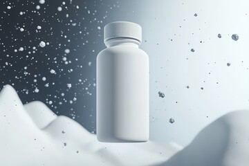 Blank bottle immersed in white snow with falling snowflakes.
