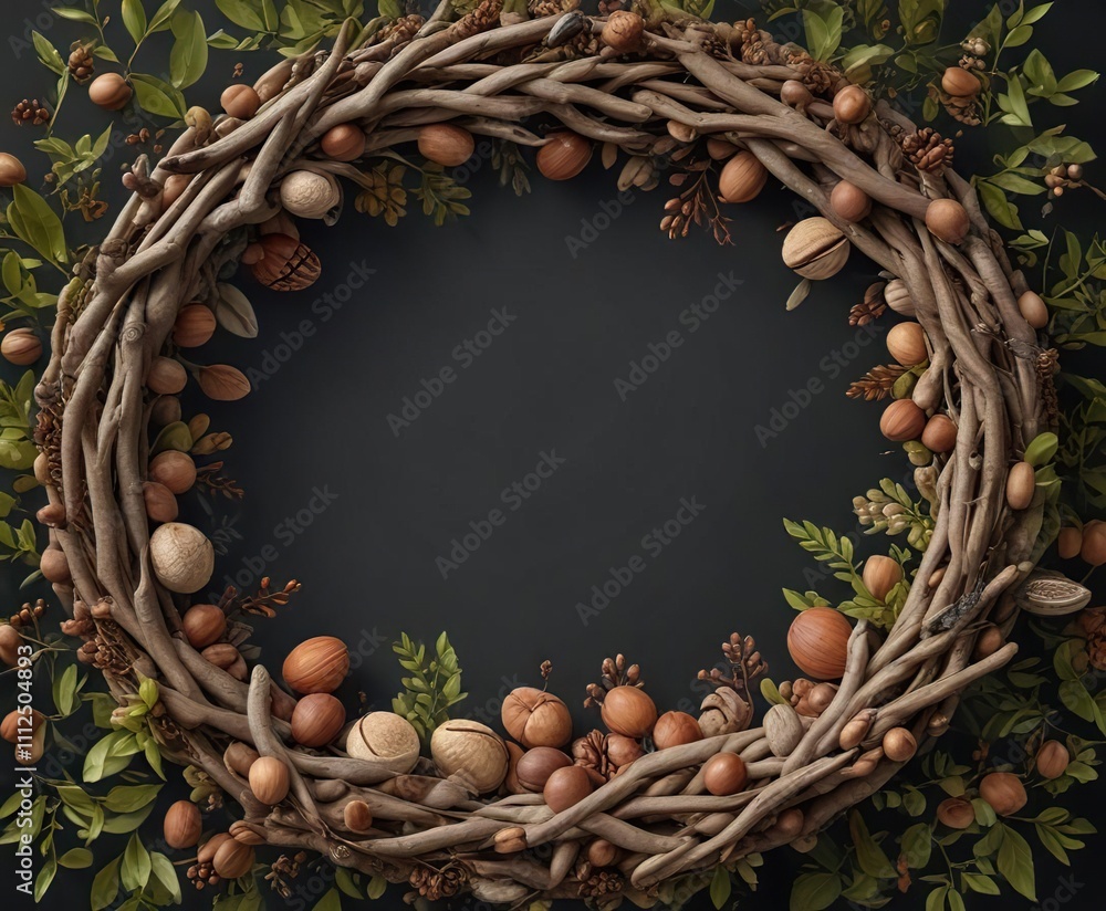 Aufkleber a bundle of twigs and nuts in a circular pattern, forest, twigs