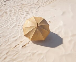 A cocktail umbrella partially submerged in golden sand on a pristine white beach, ocean, umbrella, sand