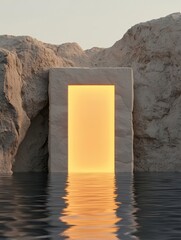 Ethereal Portal Surrounded by Rocky Landscape and Calm Water Surface