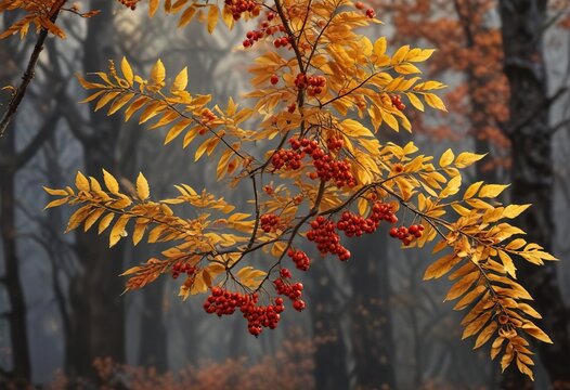 A delicate branch of mountain ash, heavy with vibrant orange-red berries and golden foliage in late autumn, mountain ash, tree branches, autumnal color scheme