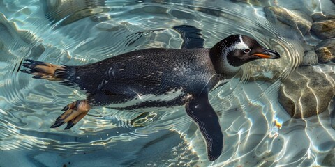 Fototapeta premium A penguin swims in a pool, illustration of aquatic life