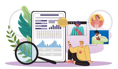 Maturity stage online. Men with magnifying glass near graphs and diagrams. Social infographics, sociology. Education and training. Flat vector illustration