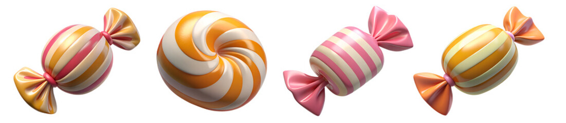 set of 3d plastic render of cartoon candy isolated on the white background