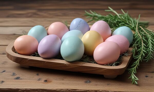 A collection of pastel-colored Easter eggs arranged on a rustic wooden platter with a few sprigs of rosemary , wooden platter, vintage charm, rosemary