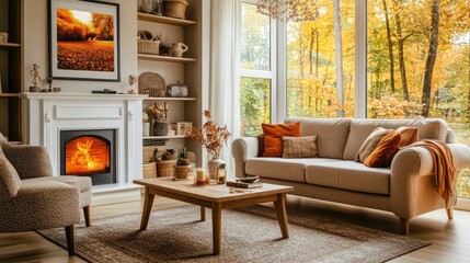 Cozy autumn living room with warm decor and nature view.
