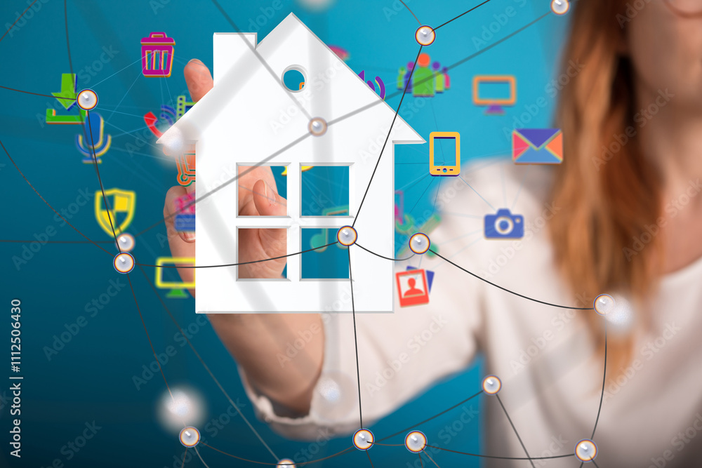 Aufkleber home data. Digital cyberspace with particles and Digital data network connections concept.