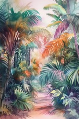 Artistic watercolor depiction of a lush jungle scene, featuring exotic plants and a vibrant complementary palette