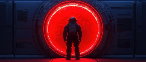 Astronaut Standing Before a Glowing Red Portal in Sci-Fi Setting
