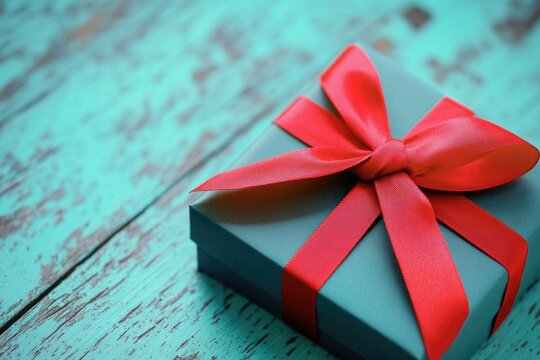 A blue gift box wrapped with a red ribbon, ideal for birthday or holiday gifts