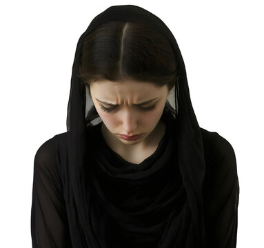 Mourning woman at funeral service isolated, grieving widow in black standing alone, sad female figure at memorial ceremony