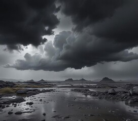 Fototapeta premium A dark grey sky with thick clouds and heavy rain falling on a desolate landscape , intense, rainy, desolate