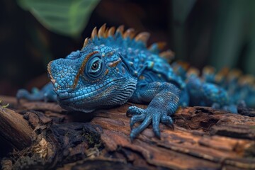 Fototapeta premium A close-up shot of a lizard sitting on a tree branch, its scales glistening in the light