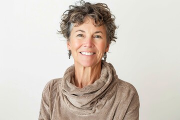 Portrait of a happy woman in her 50s dressed in a comfy fleece pullover isolated in white background