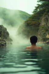 Obraz premium Man swimming in foggy lake at dawn, winter cold water therapy scene, tranquil nature outdoor bathing moment