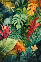 Dense foliage in a watercolor art style, highlighting vibrant tropical colors and a harmonious layout