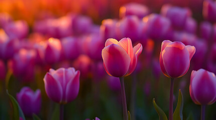 Obraz premium Pink Dutch tulip fields in full bloom, vibrant spring flower landscape, Netherlands agricultural countryside scenery