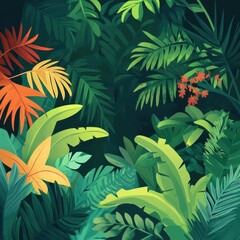 Dense jungle, lush vegetation, flat design illustration