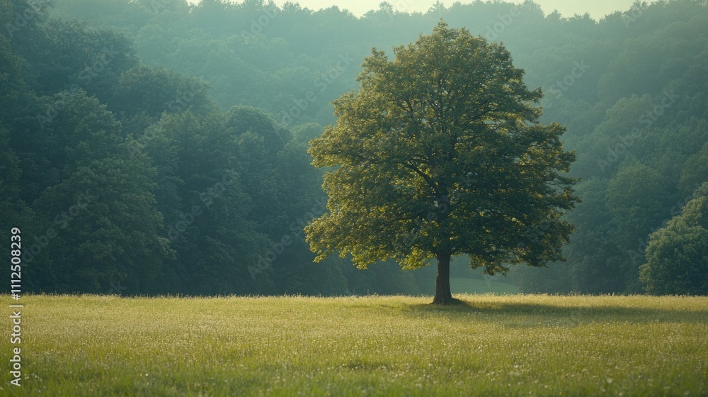Poster a single tree standing in a green meadow with distant trees in the background