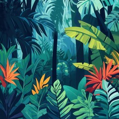 Dense jungle, lush vegetation, flat design illustration