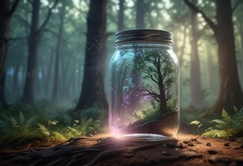 Obraz premium A mason jar containing iridescent dust emits a soft, ethereal light in the center of a mystical forest, magical aura, mystical energy, glow