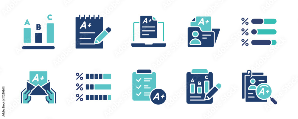 Aufkleber quiz exam score grade icon set questionnaire evaluation result data analysis signs vector illustration
