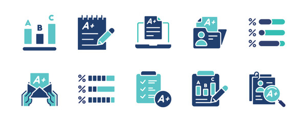 quiz exam score grade icon set questionnaire evaluation result data analysis signs vector illustration
