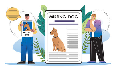 Missing dog poster. Two men near placard with puppy. Notice and announcement. Disappeared doggy. Homeless lonely pet. Flat vector illustration