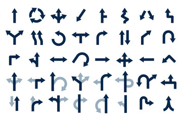 Road arrows. Navigation arrow for traffic, direction marks and routs. Black location points, trail signs turning straight right left, recent vector set