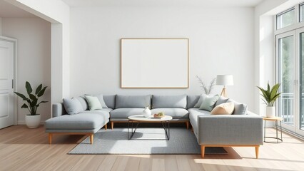 Cozy Modern Living Room Poster Mockup Frame with Plants, furniture, Scandinavian Style, 3D Illustration