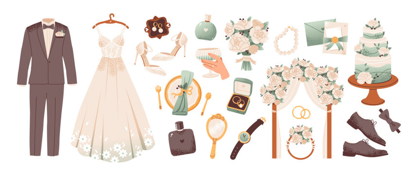 Wedding set with romantic bridal dress, jewelry, flowers, cake, and rings. Flat vector illustration.