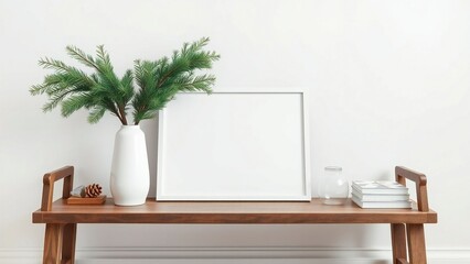 Stylish cozy living room poster mockup frame with interior armchairs and fireplace, plants, and wooden mockup frame.