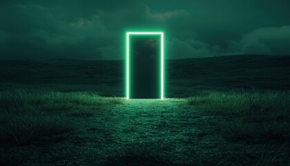 Mysterious Neon Door Opening in Dark Landscape under Stormy Sky