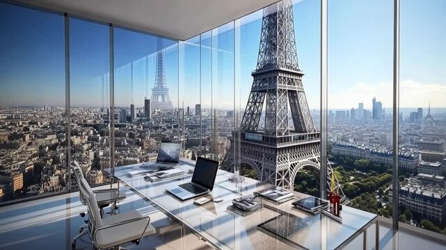 Office with impressive view of Eiffel Tower and Paris skyline during a clear day