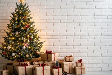 A Christmas tree decorated with gifts standing in front of a white brick wall