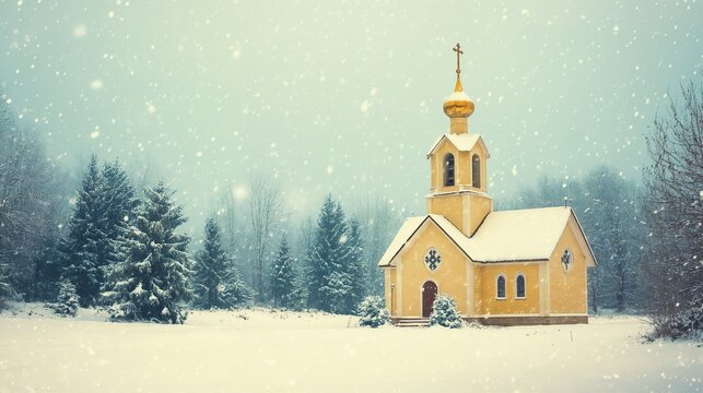 Charming yellow church in snowy landscape during winter, serene atmosphere, snowy day, religious building