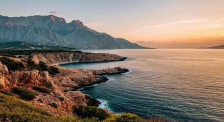Coastal Sunset Landscape with Rugged Mountains