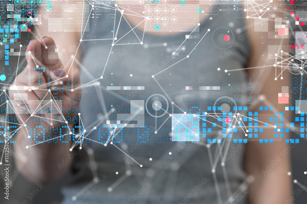 Poster Neural network 3D illustration. Big data and cybersecurity