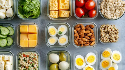 A healthy meal prep for a low-carb diet, featuring small containers of snacks like nuts, cheese, and boiled eggs 