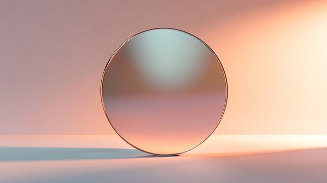 Minimalist image of circle mirror against sunset hues.