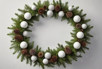 A gorgeous Christmas wreath made of fir branches and decorated with large white balls and pinecones in a circular formation , rustic charm, festive holiday decoration, evergreen branch decor