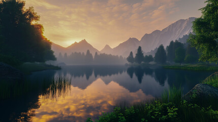Serene dawn at a tranquil lake surrounded by mountains and lush forests