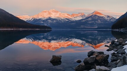 A calm mountain lake at sunrise reflects snow-covered mountains and the sun's warm colors.  The clear water perfectly mirrors the beautiful view.