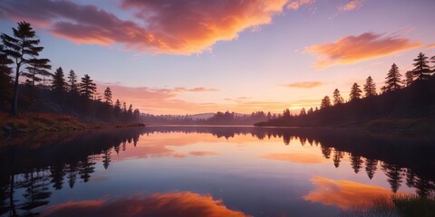 Obraz premium A serene lake reflecting the vibrant hues of a sunset, with warm orange and pink tones gradating into deep blues in the distance , reflection, lake